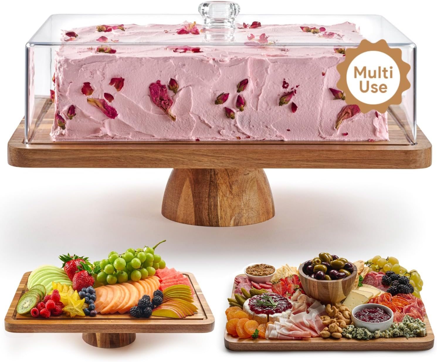 Acacia Wood Cake Stand with Lid - Rectangular Cake Holder, 2-in-1 Dessert Table Display Set & Charcuterie Board for Cheese