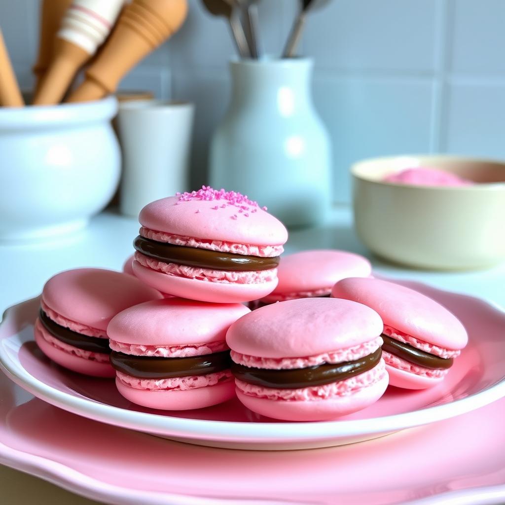 Pink Macarons with Chocolate Ganache